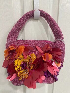 Beaded 3D Flowers Pink Red Orange Sequin Made In India Floral Bag NWT